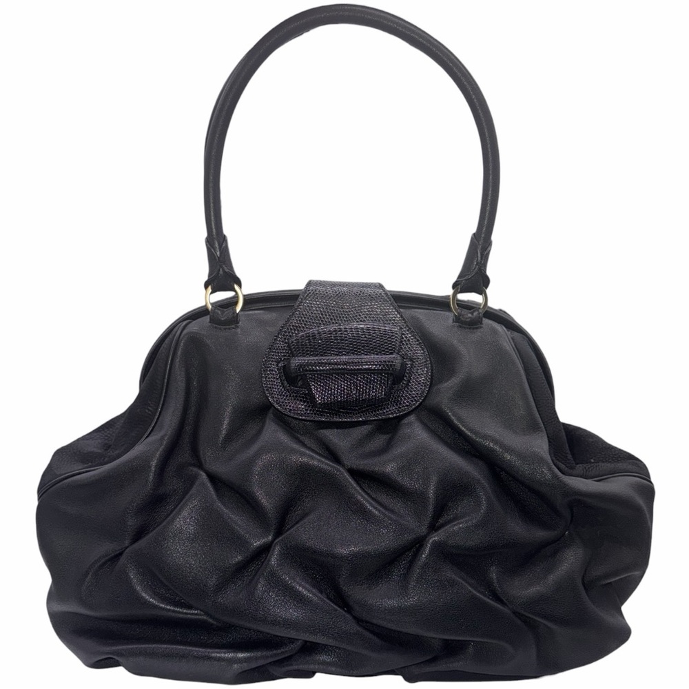 Smythson of Bond Street “Nancy” Genuine Leather Black Gathered Ruched Purse